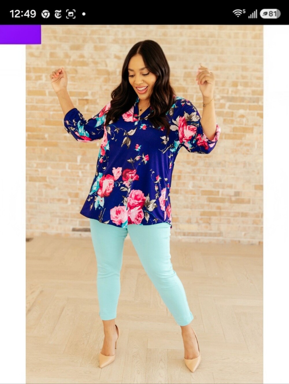 Dear Scarlett Floral V-Neck 3/4 Sleeve Top Tunic - Blue & Pink - Plus Size 3X